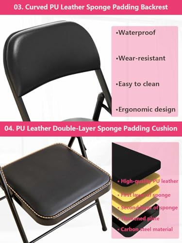 KAOCHA 2 Pack Folding Chairs with Leather Padded Cushion and Back, Metal Black Foldable Chair for Indoor Outdoor, Commerci...