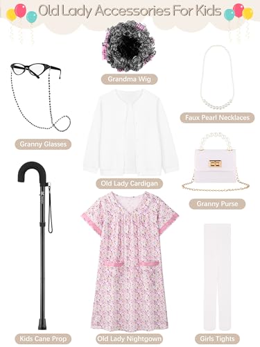 FancyFun 8 Pieces Old Lady Costume for Girls, 100 Days of School Costume for Kids Grandma Wig Granny Dress Cosplay Outifits