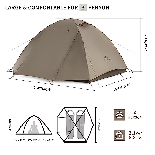 Naturehike Cloud River 2 Person 3 Person Backpacking Tent, Waterproof 2 Person 3 Person Tents for Camping, Double Layer Ca...