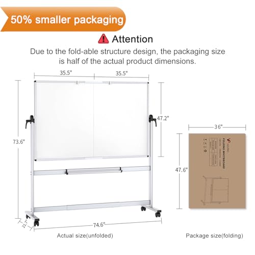VIZ-PRO Double-Sided Mobile Whiteboard, 72 x 48 Inches, Magnetic Rolling Dry Erase White Board on Wheels with Aluminium Fr...