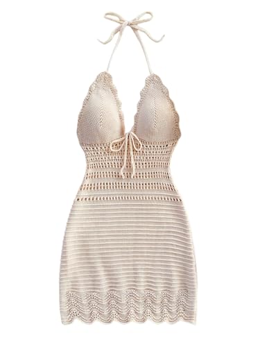 GORGLITTER Women's Crochet Halter Mini Dress Sundress Bow Tie Backless Bodycon Knit Dresses Summer Vacation Beach Outfits
