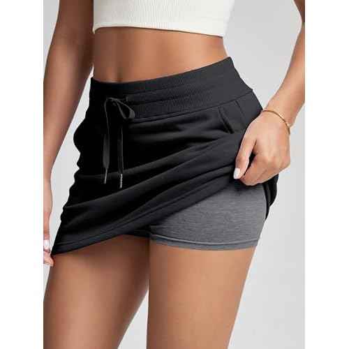 ODODOS Women's Cotton French Terry Skorts Drawstring Tie Built-in Shorts Daily Skirts with Pockets