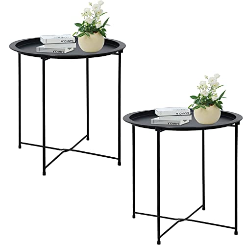 Garden 4 you End Table 2 PCS Metal Side Table Black Round Folding Tray Cyan Sofa Small Accent Fold-able Table, Round End T...