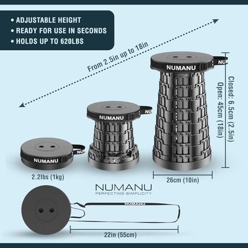 NUMANU 2PK 2025 Upgraded Collapsible Stool, Max 620lbs, 18"H Adjustable Portable Folding Stool for Adults, Retractable Fol...