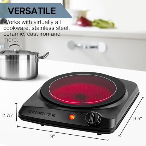 OVENTE Countertop Infrared Single Burner, 1000W Electric Hot Plate with 7” Ceramic Glass Cooktop, 5 Level Temperature Sett...