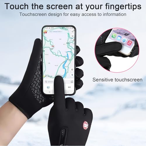 Waterproof Thermal Winter Touch Screen Anti-Slip Gloves Insulated Cold with Zip Design Black Outdoor Gloves for Cold Weather