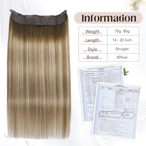XDhair Wire Hair Extensions 85g 18 Inch Balayage Walnut Brown to Ash Brown and Blonde Invisible Fish Wire Hair Extensions for Women #3/8/22 18 Inch