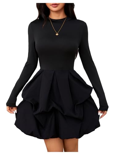 MakeMeChic Women's Long Sleeve Mini Dress Ruffle Mock Turtle Neck A Line Wedding Party Short Dresses