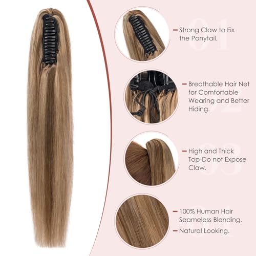 Human Hair Claw Clip Ponytail, Claw Clip Human Hair Ponytail,Effortless Application with Secure Hold,Style in Seconds,Quick Styling Solutions for Busy Lives 16"/109g Medium Brown Mix Dark Blonde