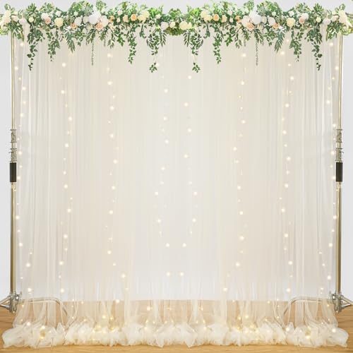 Beige Tulle Backdrop with Lights String 2 Panels 5×10ft Wedding Curtains Drapes for Party Bridal Shower Photo Booth Decor
