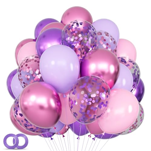 68Pcs Pink and Purple Balloons 12 Inch Metallic Purple Pink Latex Balloon Confetti ballons with Ribbons Party Balloons for...