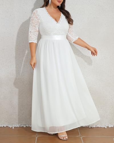 Pinup Fashion Wedding Dresses for Bride Plus Size - Formal Evening Gown Wrap Neck Lace Chiffon Long Dress