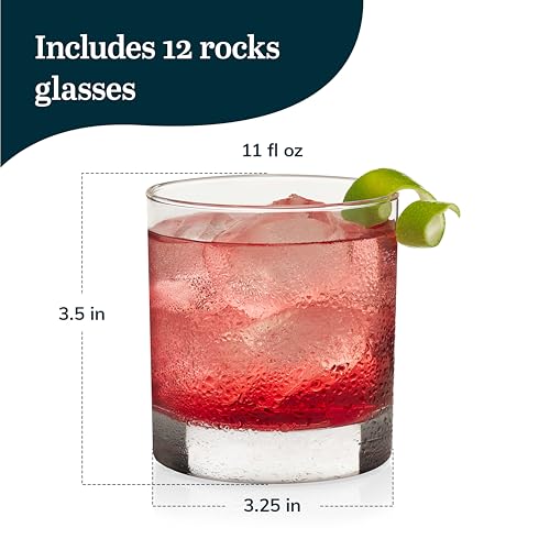 Libbey 917CD Heavy Base Rocks Glasses Set of 12, Rocks Glass Cups with Simple Lines, Elegant Old Fashioned Glass Set for W...
