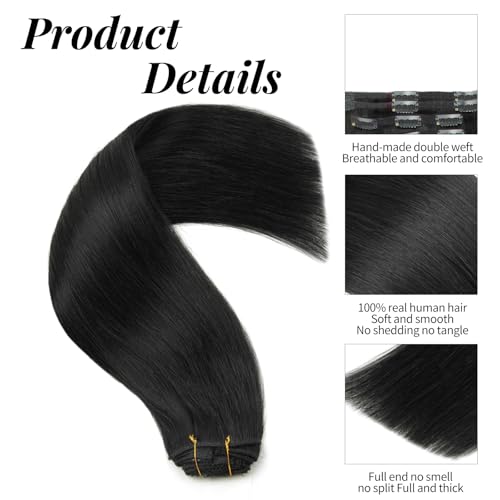 Clip in Hair Extensions Real Human Hair, 100% Brazilian Virgin Real Human Hair 7pcs Per Set with 16Clips Double Weft for Women (20 Inch, 120g, 1B Natural Black)
