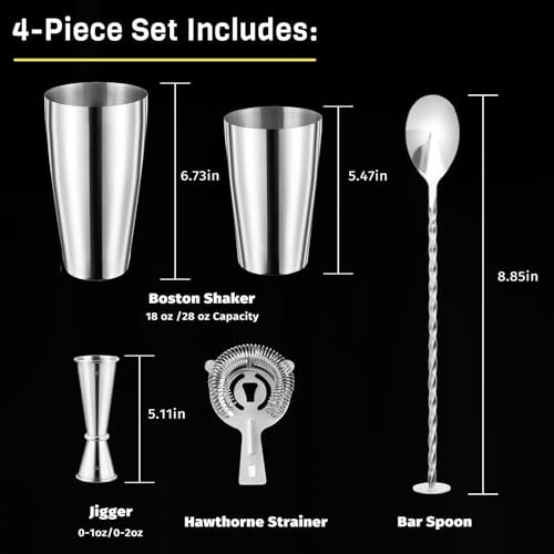 Nexsujo Boston Cocktail Shaker Set, 4-Piece Bar Tools Set, Professional Bar Set with Boston Shaker, Bar Spoon, Jigger, Haw...