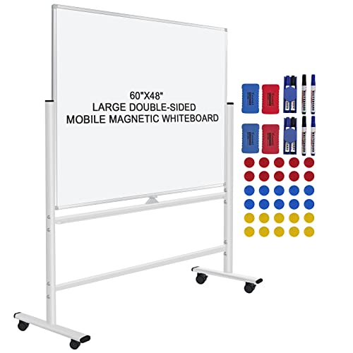 H-Qprobd 60"x48" Mobile Whiteboard Double-Sided Magnetic Dry Erase Board on Wheels - Comercial Rolling White Boards with S...