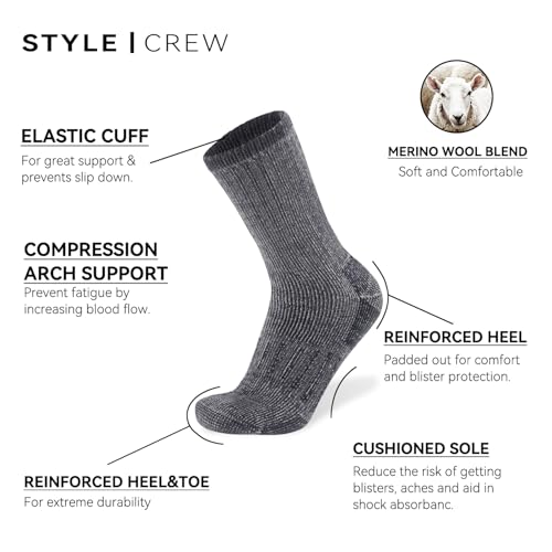 2 Pack Warm Thick Thermal Merino Wool Blend Hiking Socks for Men Women Thick Cushioned Crew Boot Socks for Winter Cold