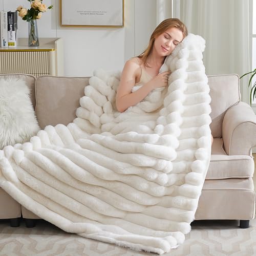 VFROO Faux Fur Throw Blanket for Couch,Cozy Soft Plush Thick Striped Luxury Blanket for Sofa Living Room Bedroom,50 * 60 I...