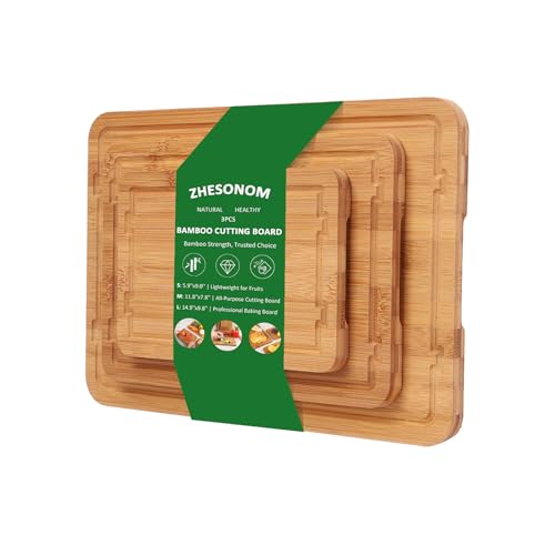 ZHESONOM Bamboo Cutting Boards Set, Organic Bamboo Cutting Board with Deep Juice Grooves & Built-in Handles for Meat, Vegetables, and Cheese Ideas Kitchen Gift for Home Cooks