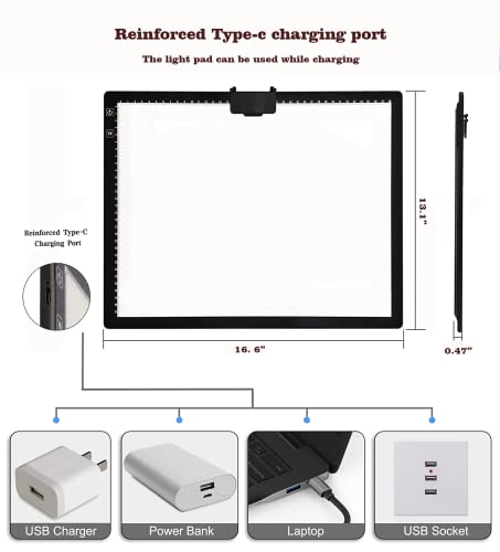 YINGWOND Rechargeable A3 LED Light Pad with Carry Bag, Adjustable Brightness Light Box with 3 Colors, Built-in Stand, 2500...