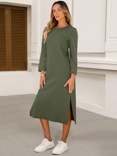 ANRABESS Womens 3/4 Sleeve Striped Slit Midi T Shirt Dresses 2026 Summer Casual Beach Vacation Clothes Spring Travel Sundress