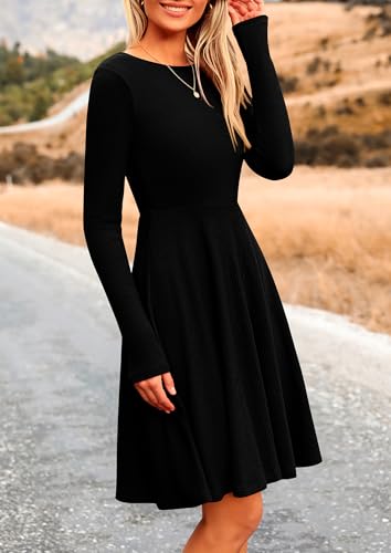 PRETTYGARDEN Women's Fall Short Dress Ribbed Knit Crewneck Long Sleeve A Line Flowy Casual Elegant Going Out Winter Dresses