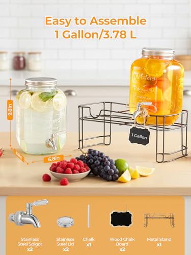 Drink Dispensers for Parties 1 Gallon, 2-PACK Glass Beverage Dispenser with Leakproof Stainless Steel Spigot, Stand, Ice C...