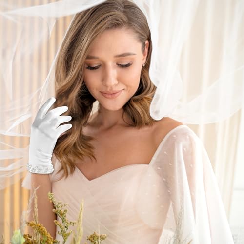 Trinkrittey White Satin Gloves - Women's Pearl Wedding & Tea Party Gloves for 1920s Fashion