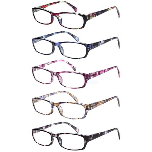 Kerecsen Reading Glasses 5 Pairs Fashion Ladies Readers Spring Hinge with Pattern Print Eyeglasses for Women (Mix Color -...