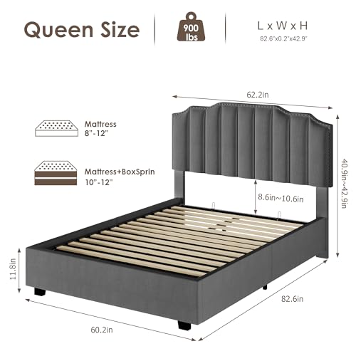 MaiDeHaoo Queen Size Lift Up Storage Bed with Headboard, Velvet Bed Frame with Headboard, Platform Bed with Lift Up Storage, Wood Slats Support, No Noise, Gray