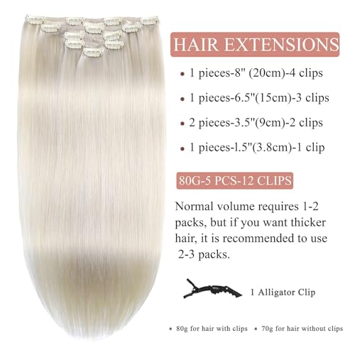 Clip in Hair Extensions Real Human Hair, Straight Remy Hair Extensions Clip ins 24 Inch #60 Platinum Blonde Human Hair Extension for Women Reusable 80g/2.82oz 5pcs