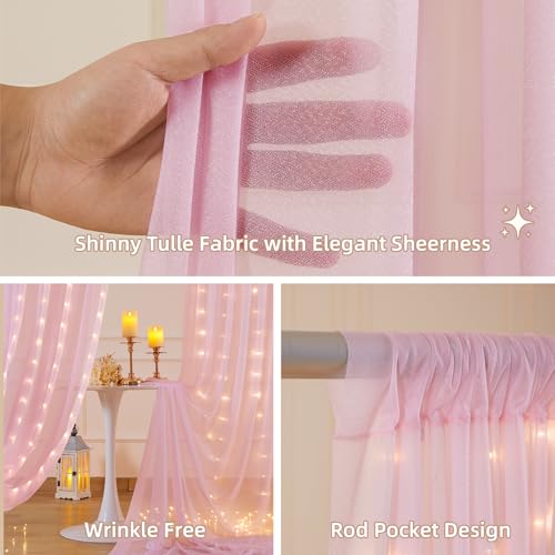 10x10FT Pink Wrinkle Free Backdrop Curtains with Lights String for Parties - Photo Curtain Backdrop with Lights for Weddin...