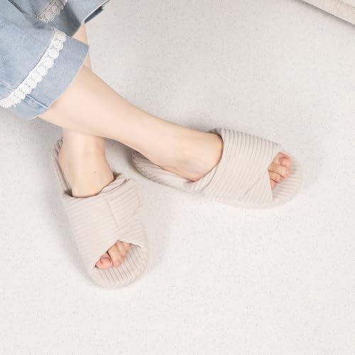 Women's House Slippers Cozy Adjustable Open Toe Memory Foam Corduroy Non-slip Bedroom Shoes for Indoor Outdoor