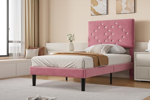 GarveeHome Twin Bed Frames with Button Tufted Headboard, Linen Upholstered Platform Bed with Wooden Slats Support, Velvet Princess Bed Frame, Easy Assembly, No Box Spring Required