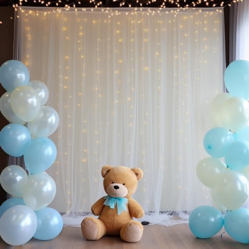 10x10ft White Tulle Backdrop Curtain with Lights String for Parites, Sheer Photo Backdrop Drapes with Lights for Wedding C...