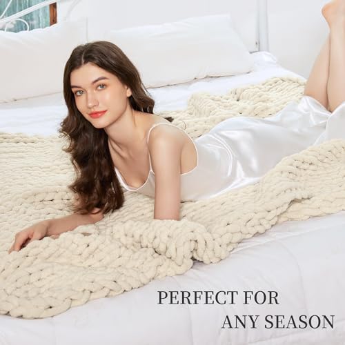 Admitrack Chunky Knit Blanket Throw 51"x63", 100% Hand Knit Chenille Throw Blanket for Sofa & Home Decor, Soft and Cozy Kn...