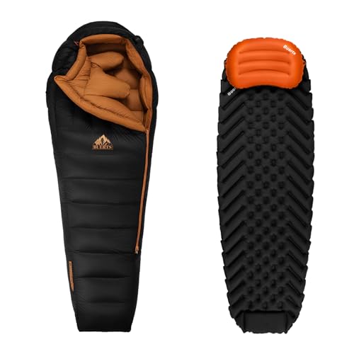 BUERTS Ultra-Light Down Sleeping Bag & Camping Mat Pillow Combo, Includes 3-Season Bag (18°F~32°F) with Quick-Inflate Mat