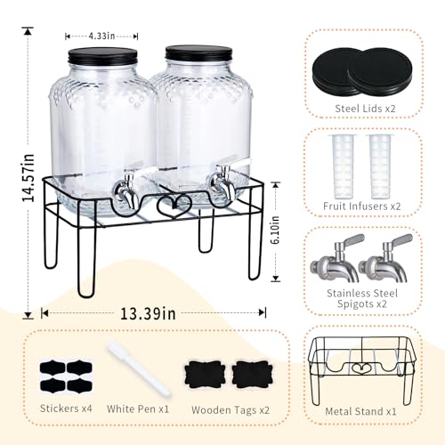 1 Gallon Glass Drink Dispensers for Parties, Beverage Dispenser with Stand and Fruit Infuser, Glass Lemonade Dispenser wit...