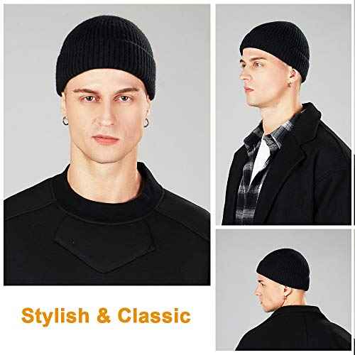 3 Pack Wool Fisherman Beanies for Men, Short Knit Watch Cap Cuffed Trawler Hats
