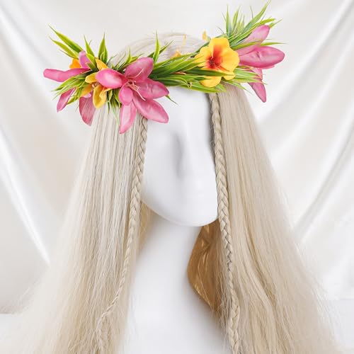 Hawaiian Leis Flower Crown - Artificial Tropical Flower Headpiece Hawaii Floral Headband with Ribbon Lei Luau Dress Up Hai...