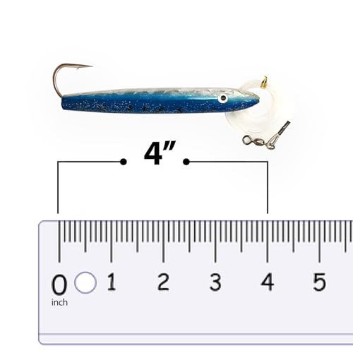4" Cedar Plugs, 6 Pcs Blue/White Rigged, for Saltwater Fishing, Includes Lure Bag, Ideal Offshore Trolling Gear for Tuna