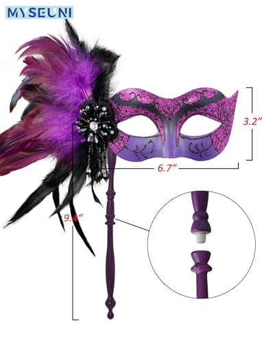 MYSEUNI 2025 New Masquerade Mask for Women with Stick - Shiny Women's Feather Mardi Gras Venetian Mask for Costume Accessory