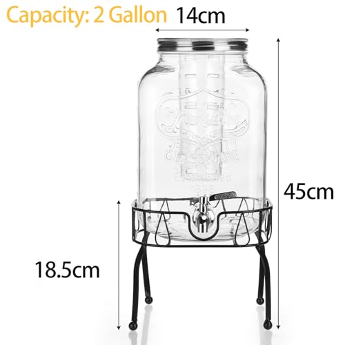 2 Gallon Glass Drink Dispenser with Stand, Drink Dispensers for Parties, Beverage Dispenser with Leakproof Stainless Steel...