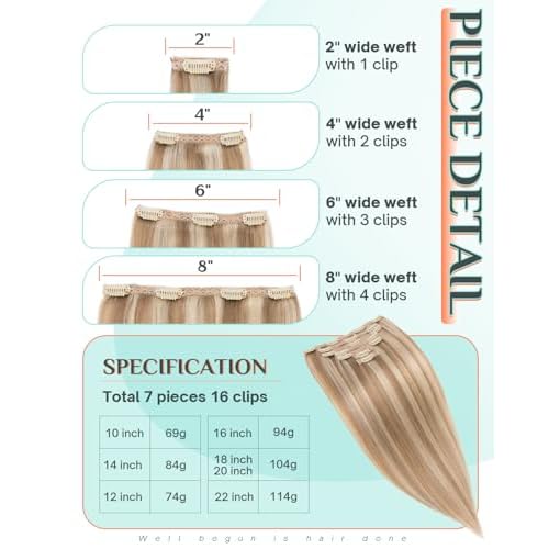 Benehair Clip in Hair Extensions Real Human Hair 22inch Double Weft Golden Brown Mixed Bleach Blonde Hair Extensions Clip in Human Hair Lace Weft Straight Hair Extensions Clip ins 7pcs 130g #12P613