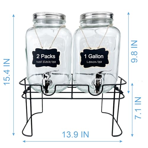 1 Gallon Glass Drink Dispenser for Parties, 2 Packs Juice Lemonade Ice Tea Water Dispenser with Stand, HENABLE Beverage Di...