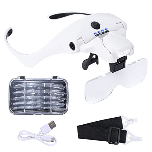 YOCTOSUN Magnifying Glasses with 4 LED Lights, Headband Magnifier with 5 Detachable Lenses 1X, 1.5X, 2X, 2.5X 3.5X -Rechar...