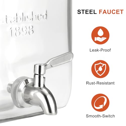 2 Gallon Glass Drink Dispenser with Stand, Stainless Steel Leakproof Spigot and Lid, Glass Drink Dispensers for Parties, W...