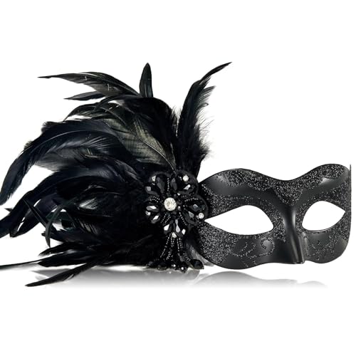 MYSEUNI 2025 New Black Masquerade Masks for Women with Feathers - Womens Mascarade Venetian Mask for Masquerade Party, Mar...