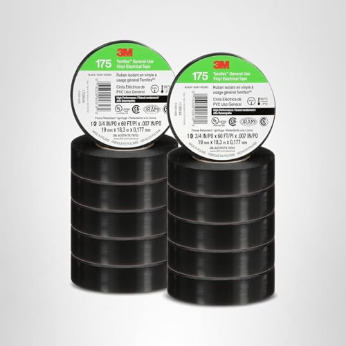 3M Temflex Vinyl Electrical Tape 175, Flame Retardant, Pressure-Sensitive Adhesive, Electrical and Mechanical Protection, Black, 7 mil, 3/4 in x 60 ft, 10 Rolls