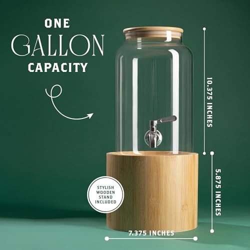Kitchentoolz 1 Gallon Glass Drink Dispenser for Parties on Bamboo Stand - Premium Borosilicate Beverage Jar with Stainless...
